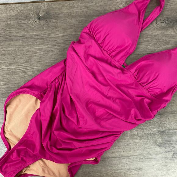 J.Crew Magenta Orchid Ruched V Neck One Piece Swimsuit Sz.14 NWT - Picture 4 of 11